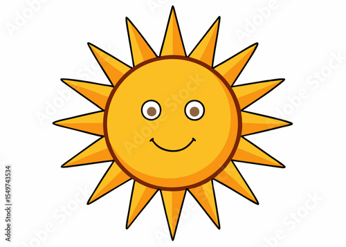 Happy smiling sun, funny sticker, summer symbol, weather sign, logo design, childish clip art element. Hand drawn vector illustration