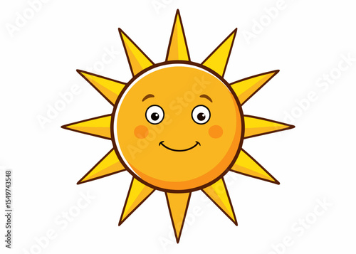Happy smiling sun, funny sticker, summer symbol, weather sign, logo design, childish clip art element. Hand drawn vector illustration
