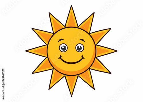 Happy smiling sun, funny sticker, summer symbol, weather sign, logo design, childish clip art element. Hand drawn vector illustration