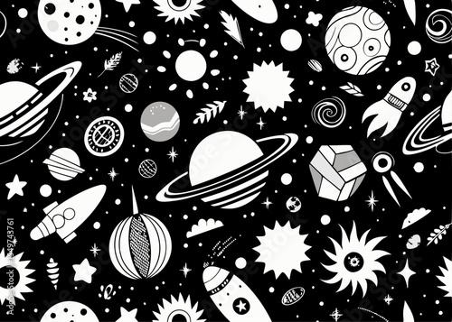 Space monochrome seamless pattern with astronaut cosmic objects editable style vector illustration