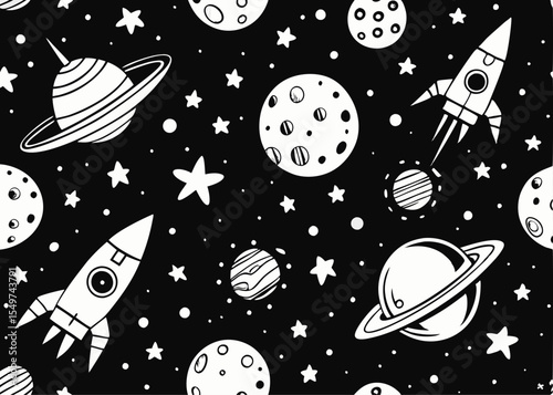 Set of planets, Space and Astronaut seamless repeat pattern Minimalist concept vector illustratio