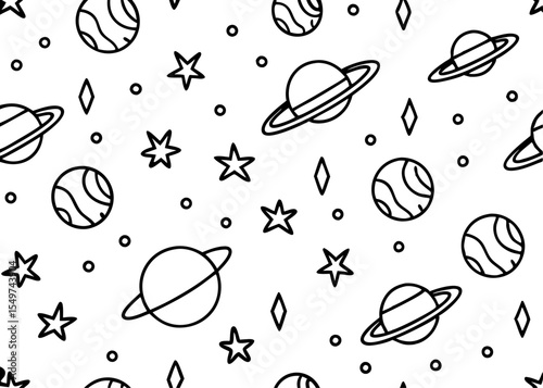 Space monochrome seamless pattern with astronaut cosmic objects manned ships satellite on starry sky background