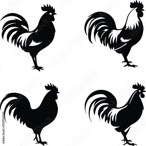 Black and white vector illustration of four rooster silhouettes shown in varied standing poses with distinctive combs, wattles, and tail feathers, 