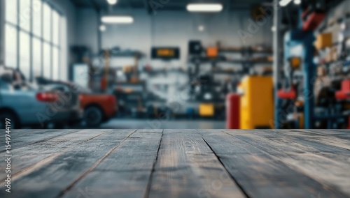 Empty wooden workbench in a blurred auto repair shop