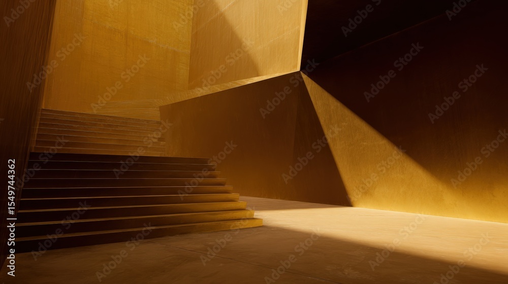 Obraz premium Abstract modern architectural interior with golden metallic wall geometric shapes and a staircase leading upwards in minimalistic style