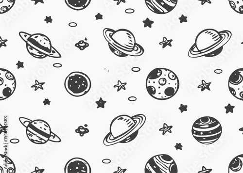 Space seamless pattern. black and white version Watercolor vector illustration
