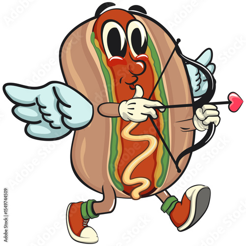 cute hot dog mascot cartoon vector illustration become a cupid with angel wings and the arrow of love, funny fast food character isolated on transparent background, work of hand drawn