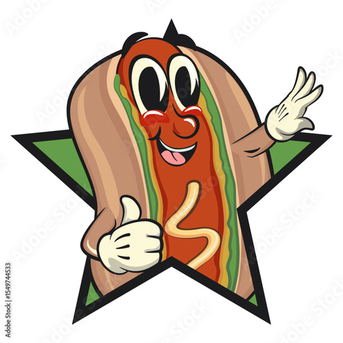 cute hot dog mascot cartoon vector illustration out from of a star by giving a thumbs up sign, funny fast food character isolated on transparent background, work of hand drawn