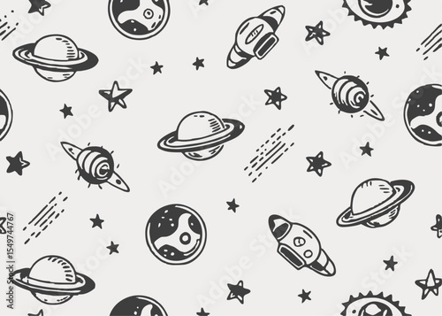 Space seamless pattern. black and white version Watercolor vector illustration
