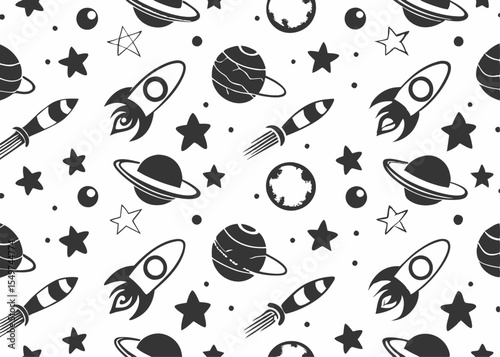 Space and Astronaut seamless repeat pattern line art vector illustration