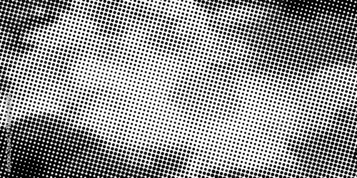 Aged halftone faded wavy gradient texture. Grunge dirty speckles and spots background. Black and white uneven sand grain wallpaper. Retro random pixelated comic