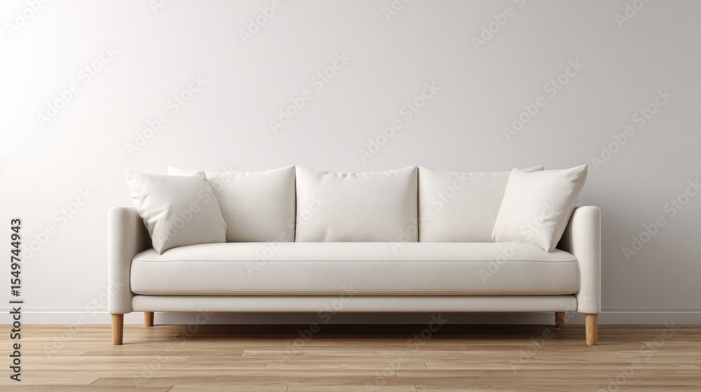 Fototapeta premium Modern minimalist white sofa with plush cushions and wooden legs in a bright living room setting, contemporary home furniture design