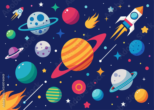 Hand drawn space pattern design, Rocket and planets draws of solar system design