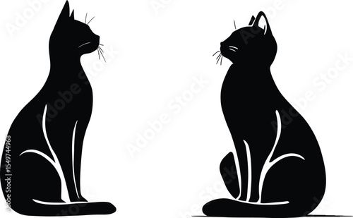 Black and white vector illustration of two cats facing each other in symmetrical sitting poses, with curled tails and upright ears, designed in a minimalistic silhouette style to represent balance, 