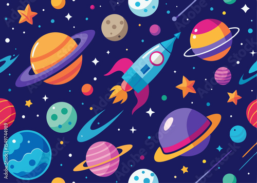 Hand drawn space pattern design, Rocket and planets draws of solar system design
