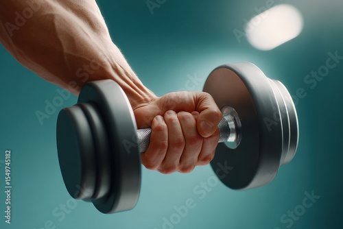 Close-up of a person's hand gripping a black dumbbell with a firm hold, focusing on strength training and fitness workout in gym setting photo