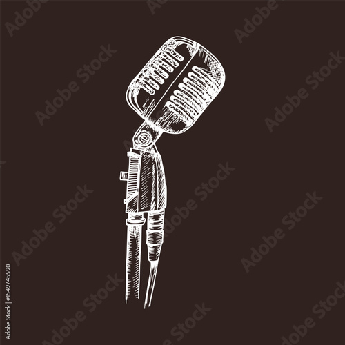 A retro mic on a stand sketch illustration. Hand drawn vector clipart of a microphone. Outline drawing in engraving style - concert, podcast, presentation concept, isolated