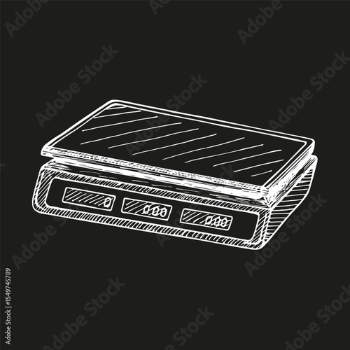 Electronic store scales, outline drawing in engraving style. Hand drawn vector clipart, sketch illustration. Store, market, shop concept, isolated