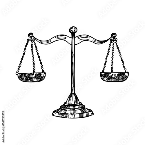 Balance scales sketch illustration. Scales of justice outline drawing in engraving style. Symbol of law and judgment. Hand-drawn vector clipart, isolated