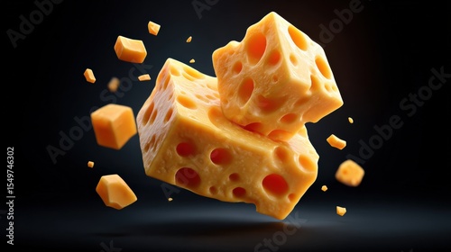 Close-up of a realistic 3D rendered cheese with holey texture and floating cheese cubes on dark background, detailed food illustration