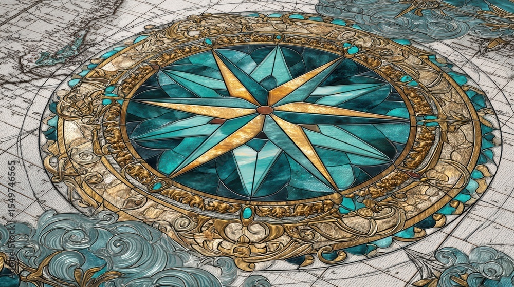 Obraz premium Stained glass artwork of a Ancient compass rose with teal and gold panes on a nautical map background