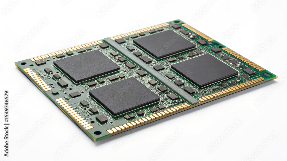 Close up of green circuit board with multiple black chips and gold connectors, showcasing intricate electronic components Close up of green circuit board with multiple black chips and gold connectors, showcasing intricate electronic components