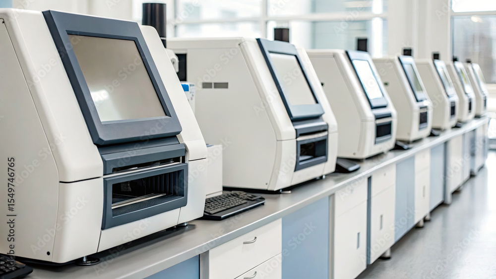 Row of modern laboratory machines with touchscreens and keyboards in bright, clean laboratory setting Row of modern laboratory machines with touchscreens and keyboards in bright, clean laboratory setting