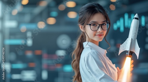 A young woman with glasses holds a model rocket, symbolizing innovation and aerospace technology in a modern, high-tech environment.