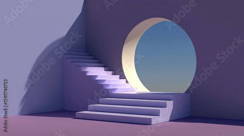 Surreal Minimalist Architecture with Circular Opening and White Stairs Leading to a Sky View in a Modern Abstract Space photo