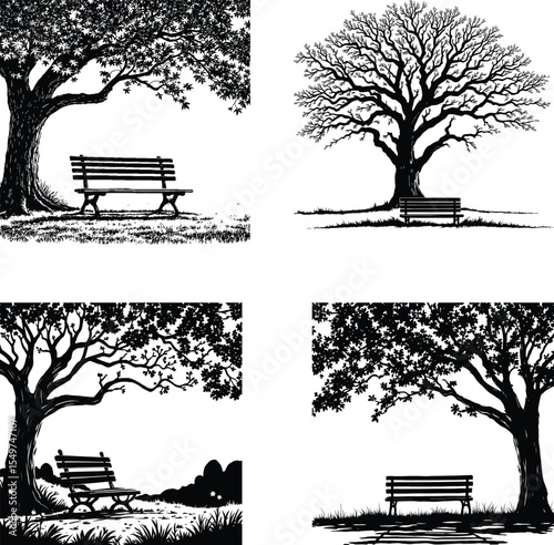 Black and white vector illustration of four park bench scenes, each paired with a uniquely styled tree featuring varying foliage—from bare branches to leafy canopies—and natural elements like grass an