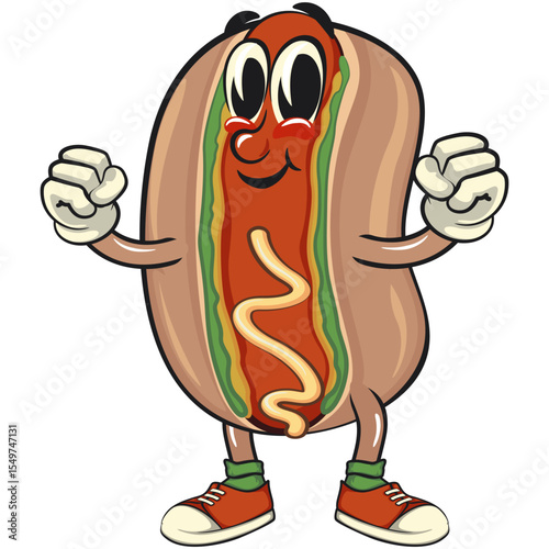cute hot dog mascot cartoon vector illustration be healthy and strong enough to become a champion, funny fast food character isolated on transparent background, work of hand drawn