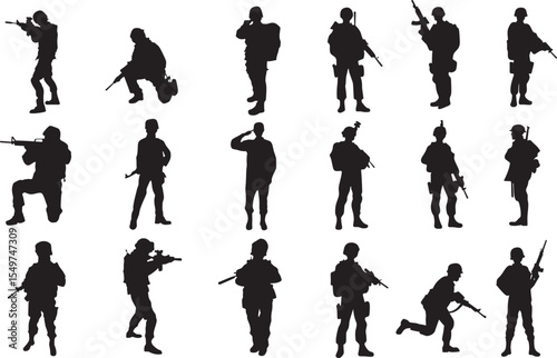 Army Silhouette vector collection. Soldier Silhouette set vector illustration

