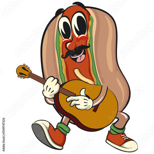 cute hot dog mascot cartoon vector illustration with moustache playing guitar, funny fast food character isolated on transparent background, work of hand drawn