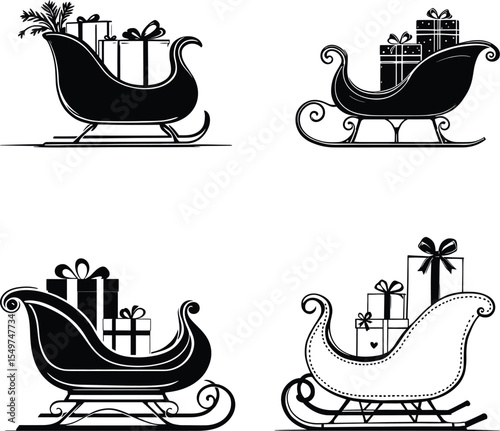 Black and white vector illustration of four unique Christmas sleighs overflowing with wrapped gifts, featuring varied sleigh designs with bows, ribbons, and decorative elements, created in a minimalis