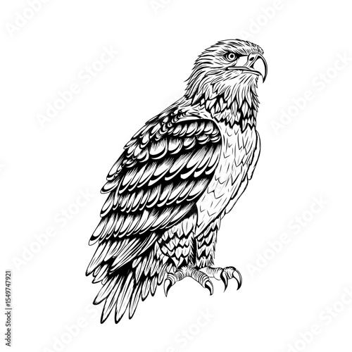 Vector illustration of an eagle drawn in a black and white ink sketch style, featuring realistic feather details and a fierce expression typical of birds of prey. Suitable for tattoo designs, logos