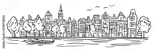 amsterdam canal houses and boat sketch