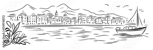 coastal city with sailboat and mountains