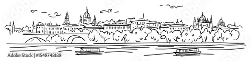 prague panorama with charles bridge sketch