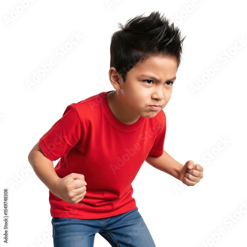 A young boy clenches his fists and scowls at the camera, expressing anger.