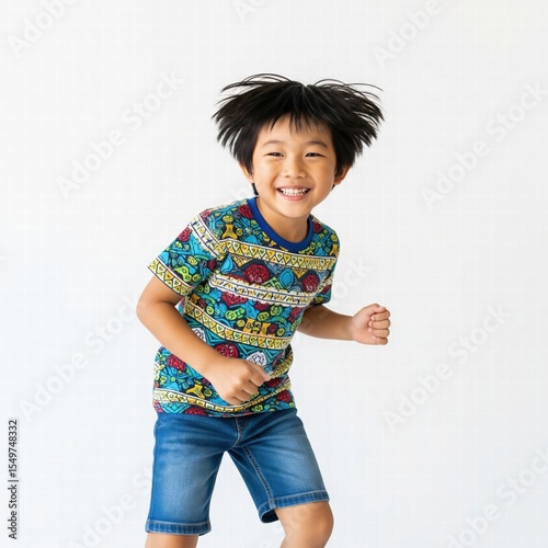 A cheerful young Asian boy laughs joyfully with arms outstretched and hair flying