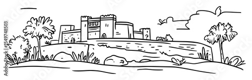 hilltop fortress with defensive walls sketch