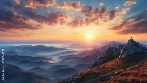 Sunrise Breaks Above Majestic Mountain Peak
