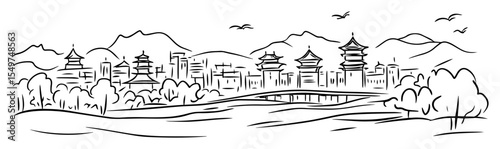 traditional chinese city with pagodas and skyline