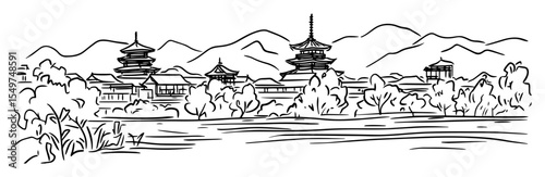 ancient asian temples with mountain background