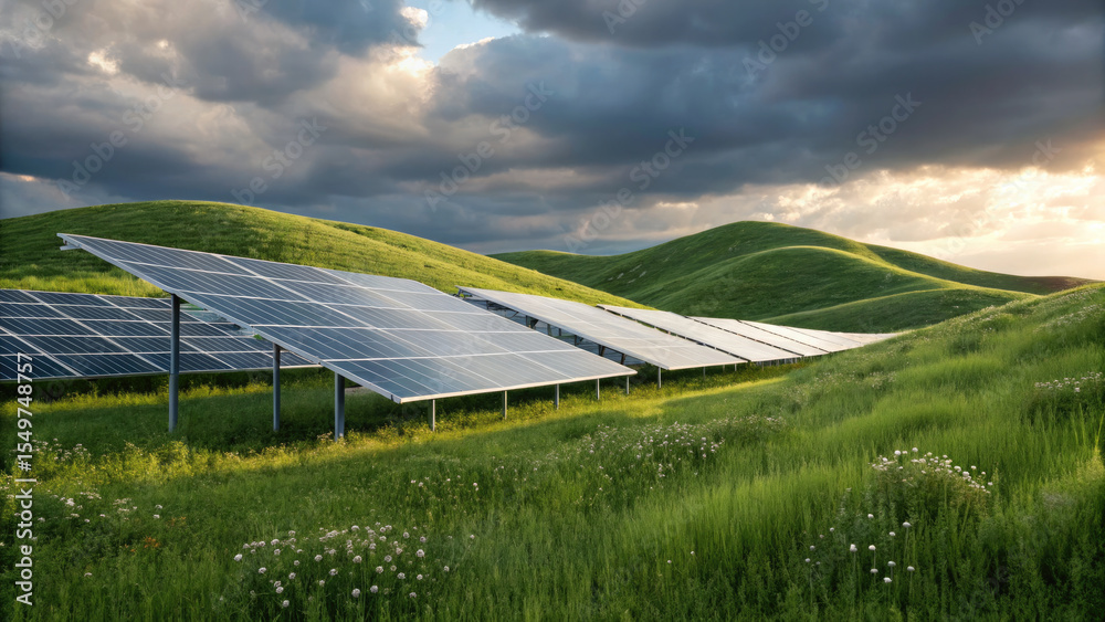 Fototapeta premium Solar panels on lush green hillside under dramatic cloudy sky, showcasing renewable energy and sustainability