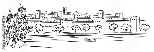 walled medieval town with towers and trees
