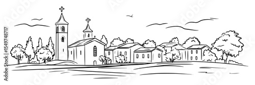 countryside church with trees and village houses