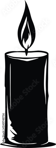 Black and white vector illustration of a single lit candle with flickering flame and cylindrical shape, designed in a minimalistic silhouette style to represent spiritual ambiance, warmth,  peaceful