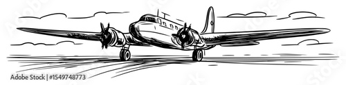 vintage propeller airplane on runway sketch