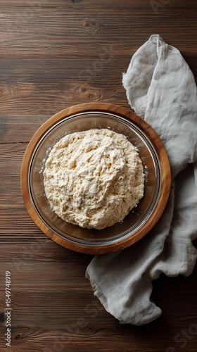 Dough preparation in a glass bowl on a wooden surface during a cozy kitchen moment
